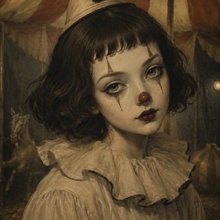 a painting of a creepy clown with makeup on her face and nose, standing in front of a circus tent Clown Halloween dark olive green