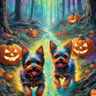 two dogs are running through the woods with jack o lantern pumpkins in the background Yorkie Halloween Halloween Dogs, Halloween Dog, Yorkie, Yorkie Autumn Pictures, Yorkshire Terrier, dim gray