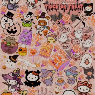 an image of halloween stickers on a pink background Sanrio Hello Kitty Halloween Hello Kitty Halloween, Halloween Iphone Backgrounds, Halloween Backgrounds, rosy brown