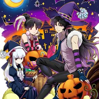 some anime characters are sitting on pumpkins Inuyasha Halloween Inuyasha Halloween, Inuyasha Witch, Inuyasha Group Picture, Inuyasha Official Art, dim gray