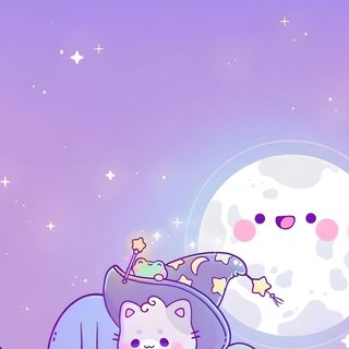 a cartoon cat with a witches hat on sitting in front of a full moon and holding a pumpkin Pink And Purple Halloween Whats, Halloween Cute, Iphone Kawaii, Witchy, Cute Pastel, Images Bonjour, plum