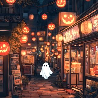 a ghost is in the middle of an alley with halloween decorations hanging from it's ceiling Japanese Halloween Japan Halloween, Cute Halloween Landscape, Cozy Spooky, Halloween Ipad, dark slate gray