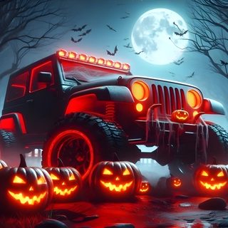 a jeep decorated for halloween with pumpkins and jack - o'- lanternes Halloween Jeep Halloween Themes, Jeep, Festival, dark slate gray