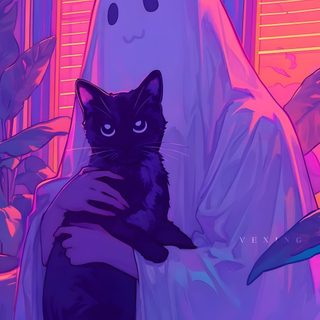 a black cat sitting on top of a chair in front of a ghost holding a plant Vaporwave Halloween Ghost And Cat, Cat Ghost, Haunted Cat, Lofi Halloween, Spooky Cats, slate blue