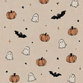 halloween wallpaper with ghost, pumpkins and bats on beige background for kids'room decor Asthetic Halloween silver