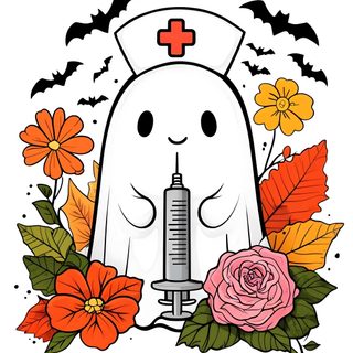 a drawing of a nurse with flowers and bats around it, all in the same color Nurse Halloween white