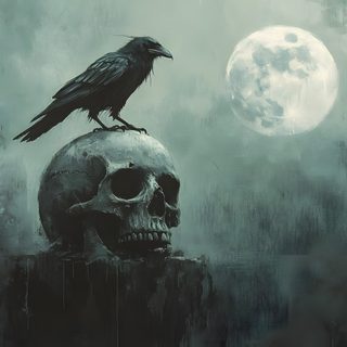 a black bird sitting on top of a skull in front of a full moon, Halloween Crow Dark Custom Crow Pc, Crow Skull, Skull, Pc, Profile Picture, dim gray