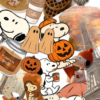 a collage of cartoon characters and pumpkins in front of the eiffel tower Pinterest Snoopy Halloween rosy brown