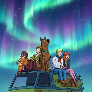 the scoozie family is sitting on top of their van under the aurora bore Scooby Doo Halloween Iphone Scooby Doo Pictures, Scooby Doo Mystery Inc, Scooby Doo Movie, dark slate blue