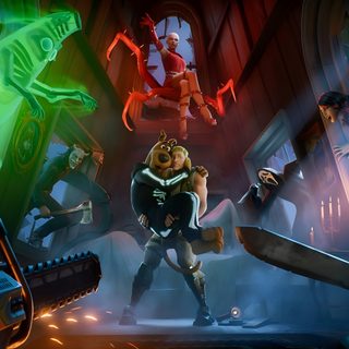 an animated character is surrounded by other characters in a scene from the video game ratchet Fortnite Halloween New Scooby Doo, Relaxing Game, Scary Games, Epic Characters, dark slate gray