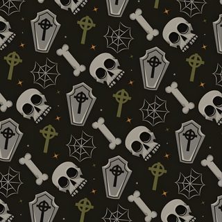 a black and white pattern with skulls, crosses and other items on it's surface Cute Halloween Coffin Goth Phone Background, Coffin, Spooky Pattern, Spooky Coffin, Cute Horror, black