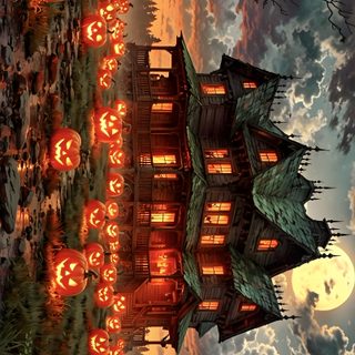 pumpkins are lit in front of a castle with trees and moon behind them at night Hd Halloween Desktop Horizontal Halloween, Halloween Horizontal, Pc Halloween, dark olive green
