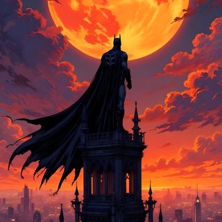 the dark knight rises on top of a building in front of an orange full moon Batman Halloween Batman Night Sky, Batman Sky, Batman In The Moon, Batman Landscape, saddle brown