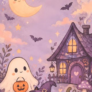 a painting of two cats sitting in front of a house with pumpkins and bats Halloween Iphone Backgrounds Phone tan