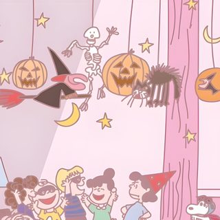a group of cartoon characters standing in front of a window with halloween decorations hanging from the ceiling Pink Snoopy Halloween It's The Great Pumpkin, Cute Halloween Snoopy, Snoopy Halloween Ipad, gainsboro