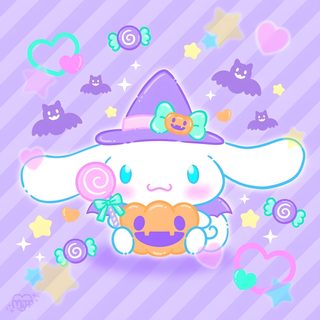 an animal with a candy in its hand and many other items around it on a purple striped background Cinnamon Roll Hello Kitty Halloween Cinnamon Roll Hello Kitty Halloween, Sanrio Halloween Pictures Cinnamoroll Halloween, Cinnamoroll Halloween, lavender