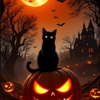 a black cat sitting on top of a pumpkin in front of a full moon with bats Free Halloween Cat Pumpkin Illustration, Happy Halloween Pictures, Pumpkin, Halloween Havoc, maroon