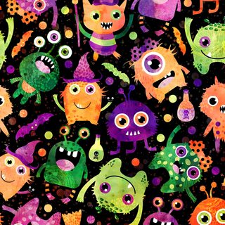 an image of many different colored monsters on a black background with orange, green and purple colors Kids Halloween Costume Custom Removable Halloween Scene, Cute Monster Background, Monster Mash Background, dark slate gray