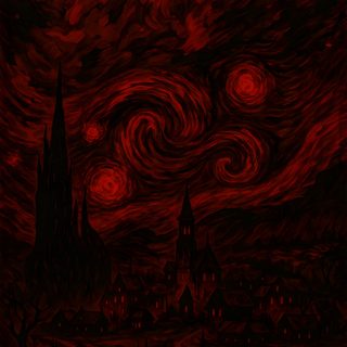an image of a painting with red and black colors Burgundy Halloween Infierno, Dark Rojo, Red Van Gogh, Dark Starry Night Art, Red Starry Night Painting, black