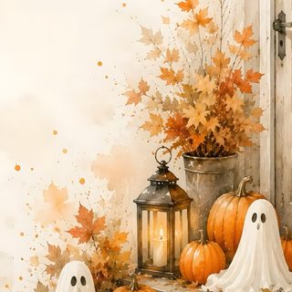 a watercolor painting of pumpkins and ghost decorations on the steps with a lantern Vintage Halloween Art Halloween, Warm Autumn, Autumn Cozy, Cute Ghost, Lantern Lights, wheat