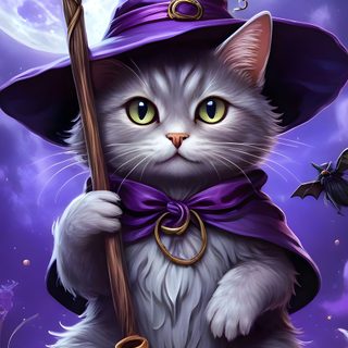 a painting of a cat dressed as a witch holding a broom and wearing a purple hat Halloween Kitty Lilac Custom Cat Halloween, Halloween Cats, Halloween Purple Cats Custom, dark slate blue