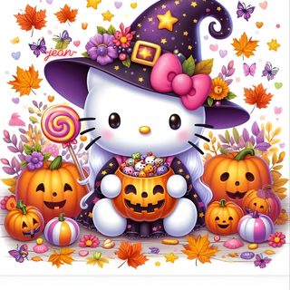 a hello kitty halloween scene with pumpkins and candy Halloween With Hello Kitty In A Hat Hello Kitty Backgrounds Halloween, Cute Halloween Hello Kitty, Charmmy Kitty Halloween, pink