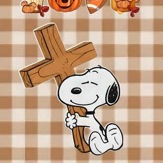snoopy holding a wooden cross on top of a checkered tablecloth with pumpkins and Preppy Halloween Snoopy tan