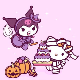 hello kitty halloween wallpaper with pumpkins and other items on the ground, including a cake Sanrio Halloween Pastel Kuromi Halloween Iphone, Halloween Sanrio Pfp, Hello Kitty And Friends Halloween, lavender blush