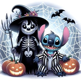 two cartoon characters dressed up in halloween costumes Halloween Stitch And Angel Jack Nightmare Before Christmas, Lilo And Stitch Characters, Lilo And Stitch Movie, dark gray