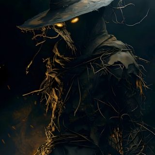 a scarecrow with yellow eyes and a hat on his head is standing in the dark Halloween Scarecrow Scarecrow Character, Epic Wall Art, Spooky Halloween Pictures, Scary Scarecrow, black
