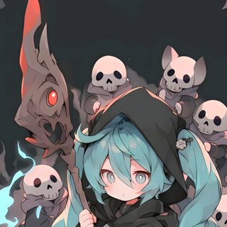 an anime character surrounded by skulls and bones Hatsune Miku Halloween Hatsune Miku Dark Souls, Cute Chibi Hatsune Miku, Miku Chibi, dark slate gray