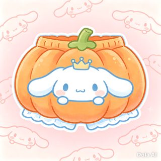 an orange pumpkin with a bunny face and crown on it's head, surrounded by clouds Cinnamon Roll Hello Kitty Halloween linen