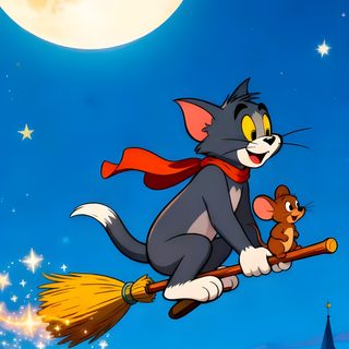 a cartoon cat flying through the air on top of a broom with a mouse in it Tom And Jerry Halloween Hanna Barbera, Disney Toms, Tom And Jerry, dark cyan