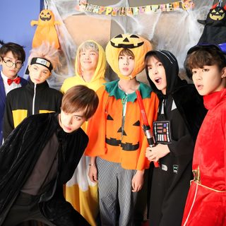 group of people dressed up in costumes posing for the camera Bts Halloween Laptop Fall Bts, Bts Thanksgiving, Bts Pumpkin Carving, Halloween 1978 Bts, dark slate gray