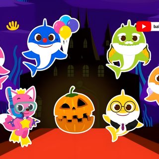 an animated halloween scene with pumpkins, ghostes and other cartoon characters in front of a castle Baby Shark Halloween Baby Shark, black