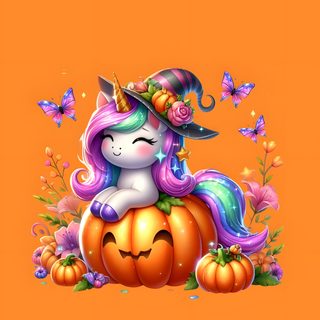 an orange background with a unicorn sitting on top of a pumpkin and butterflies flying around Halloween Unicorn Rainbow Halloween, Autumn Themed Unicorn Art, Yellow Unicorns, Autumn Unicorn, dark orange