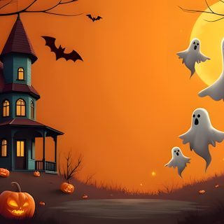 halloween scene with ghost and pumpkins in front of a house Windows 11 Halloween Halloween Backgrounds Landscape, Halloween Zoom Background, Halloween-themed Zoom Background, sienna