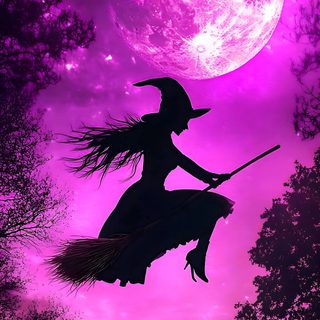 a witch flying through the air on her broom in front of a full moon and bats Halloween Purple Witch Witch Broomstick For Halloween, Witch Halloween, Witch, Halloween, dark magenta