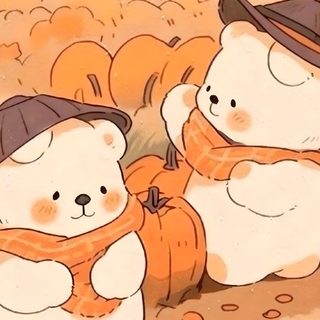 two teddy bears wearing hats and scarves in a pumpkin patch with an orange background Kawaii Halloween Desktop Fall Aesthetic Cartoon, Cute Fall Cartoon, Fall Cute Cartoon, sandy brown