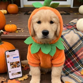 a dog in a pumpkin costume sitting on the porch Golden Retriever Halloween sienna