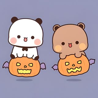 two cartoon bears sitting on pumpkins with faces Bubu Dudu Halloween Finally Friday, Emoji Art, Charlie Brown, Halloween, Fictional Characters, dark gray