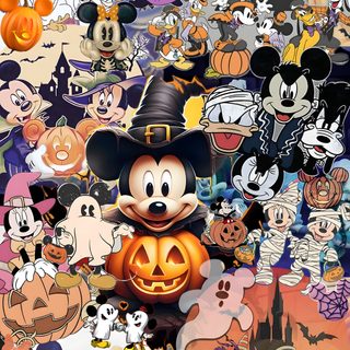 mickey mouse halloween wallpaper with lots of pumpkins and other cartoon characters in the background Disney World Halloween Mickey Mouse Halloween Iphone, Halloween Disney Aesthetic, Disney Halloween Aesthetic, rosy brown