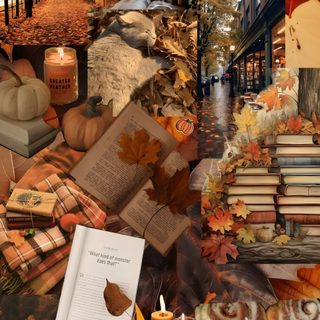 collage of autumn scenes with books and candles Autumn Aesthetic Halloween Collage Autumn Collage, Fall Backgrounds Iphone, Gilmore Girl, sienna