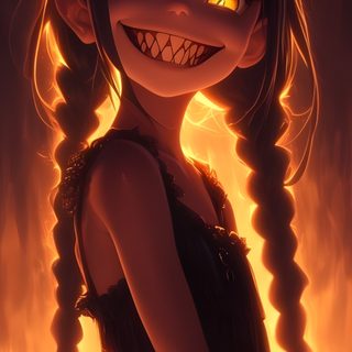 a drawing of a girl with glowing eyes and long hair, standing in front of a fire Halloween Scary Cute Girl Happy Demon, Orange Demon, Angry Demon, Scary Girl, Scary Demon, Demon Smile, maroon