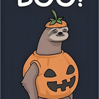 a slotty in a pumpkin costume with the words boo Halloween Sloth Sloth Pumpkin Carving, Sloth Pumpkin Painting, Cute Cartoon Sloth With Orange, dark slate gray