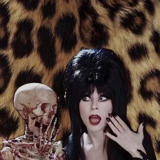 a woman dressed as a skeleton with her hands up to her face, standing in front of a leopard print background Elvira Halloween Gothic Pictures, Cassandra Peterson, Elvira Mistress Of The Dark, Scary, dark slate gray