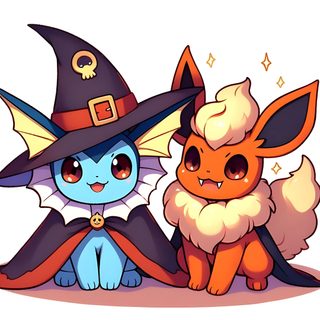 two cute little animals dressed up as witches Eevee Halloween Glaceon Halloween, Flareon X Vaporeon, Jolteon Halloween, Flareon And Vaporeon, light pink