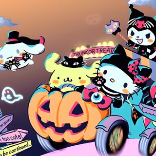 an image of hello kitty halloween scene with pumpkins and cats on the car in the background Sanrio Halloween Gif Cinnamoroll Halloween Gif, Hello Kitty And Friends Halloween Gif, Halloween Hello Kitty Gif, rosy brown