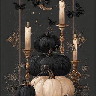 a black and gold thanksgiving card with pumpkins, candles, and bats on it Black And Gold Halloween Spooky Aesthetics, Spooky Goth Aesthetic, Goth Christmas Iphone, dark slate gray