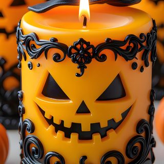 there is a candle that has been decorated like a pumpkin Halloween Candle Halloween Candle Images, Halloween Candle Design Ideas, Halloween Candle Ideas, sienna